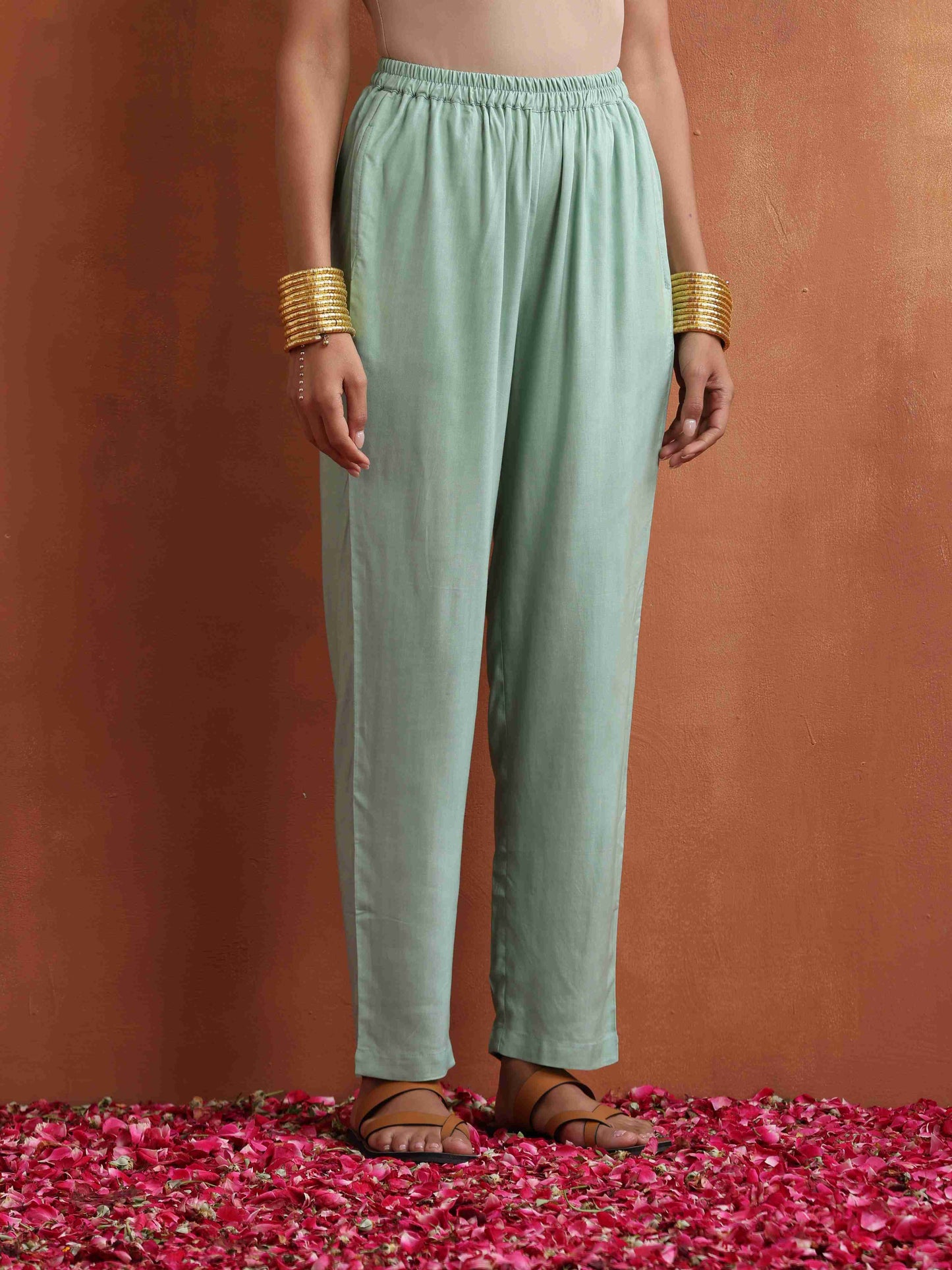 trueBrowns Beige Palm Print A-line Kurta Set | Swadesiicart