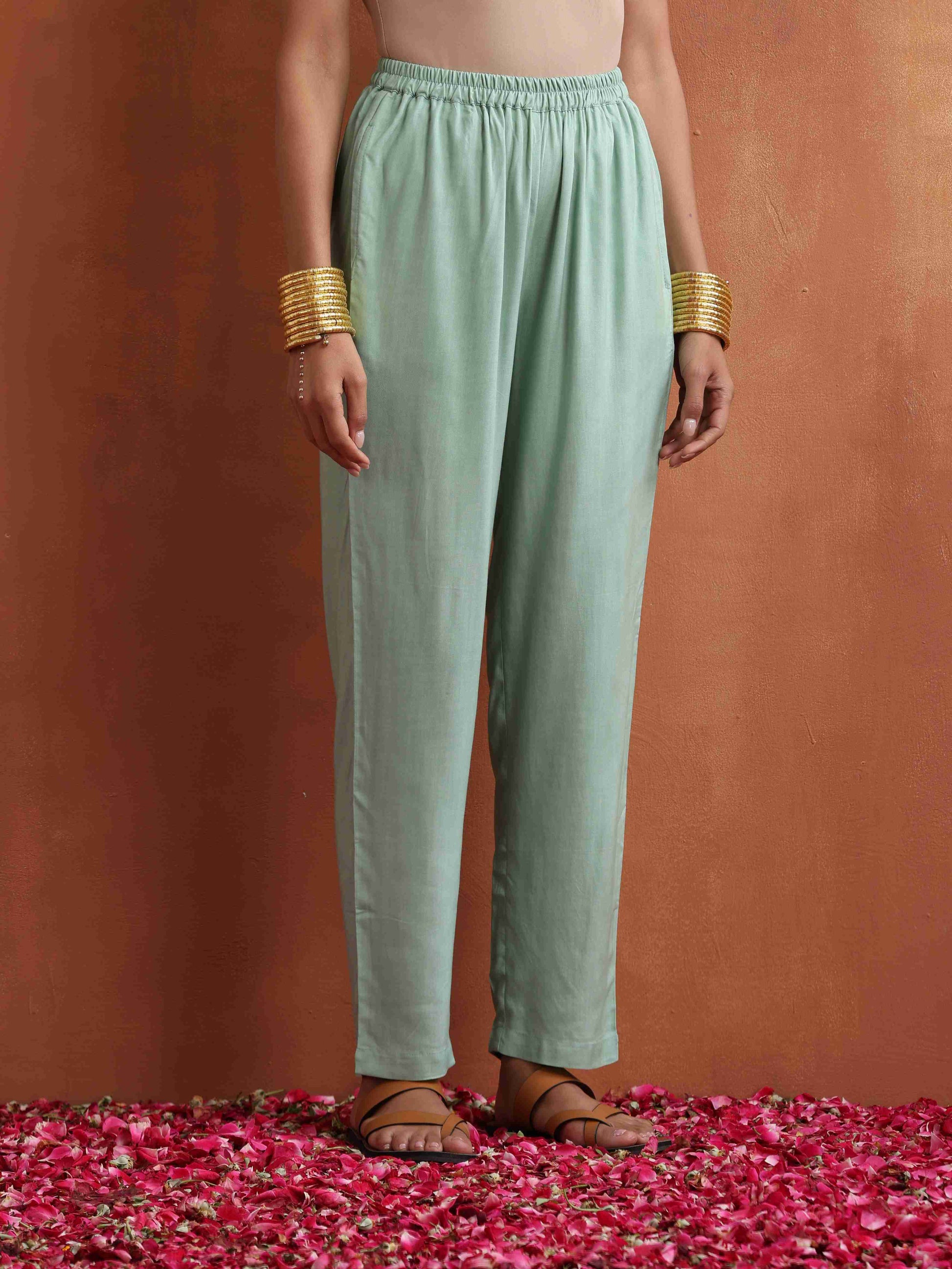 trueBrowns Beige Palm Print A-line Kurta Set | Swadesiicart