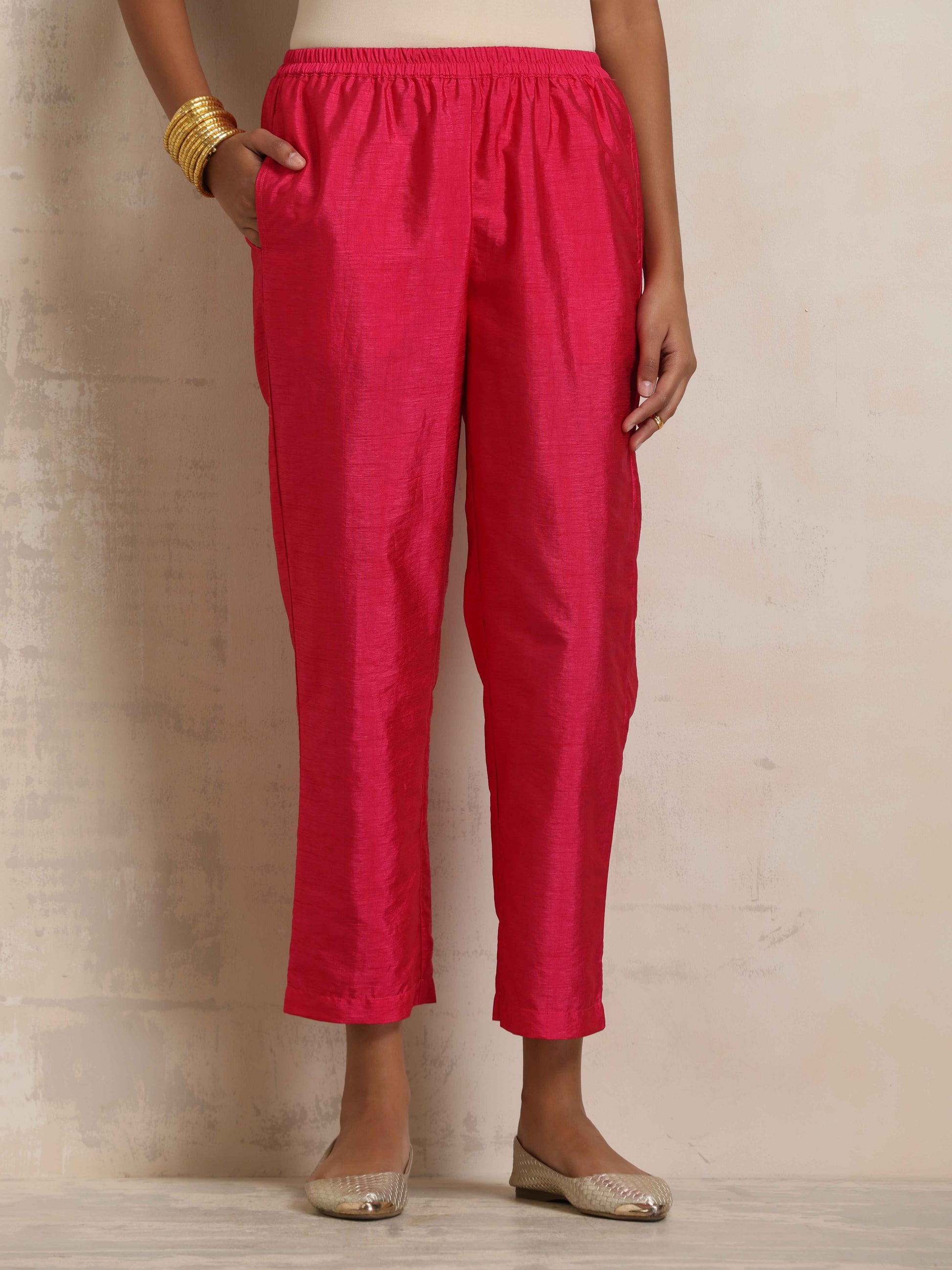 trueBrowns Hot Pink Tissue Straight Kurta Set | Swadesiicart