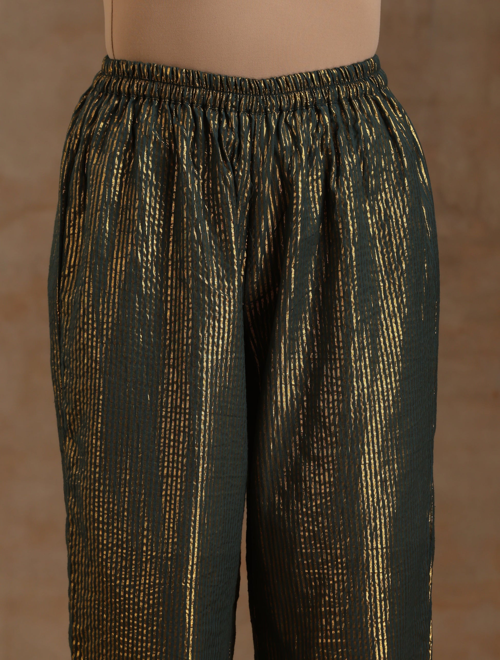 trueBrowns Dark Green Gold Cotton Side Gather Co-Ord Set - Swadesiicart