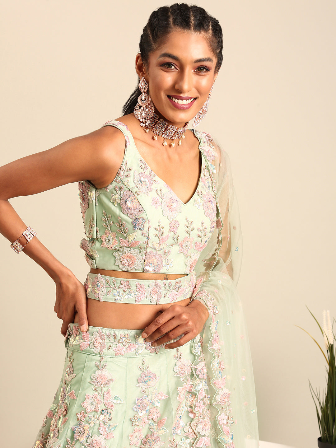 House of Panchhi Lime Green Net Sequins with heavy Zarkan embroidery Lehenga choli & Dupatta | Swadesiicart