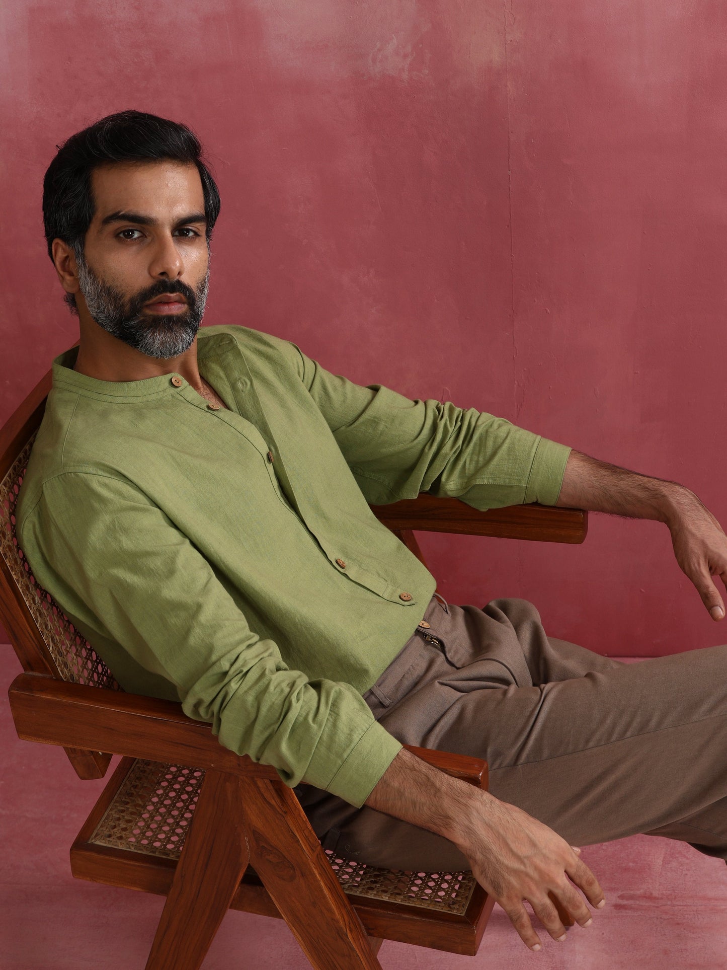 trueBrowns Men's Pista Green Cotton Mandarin Collar Stylized Kurta | Swadesiicart