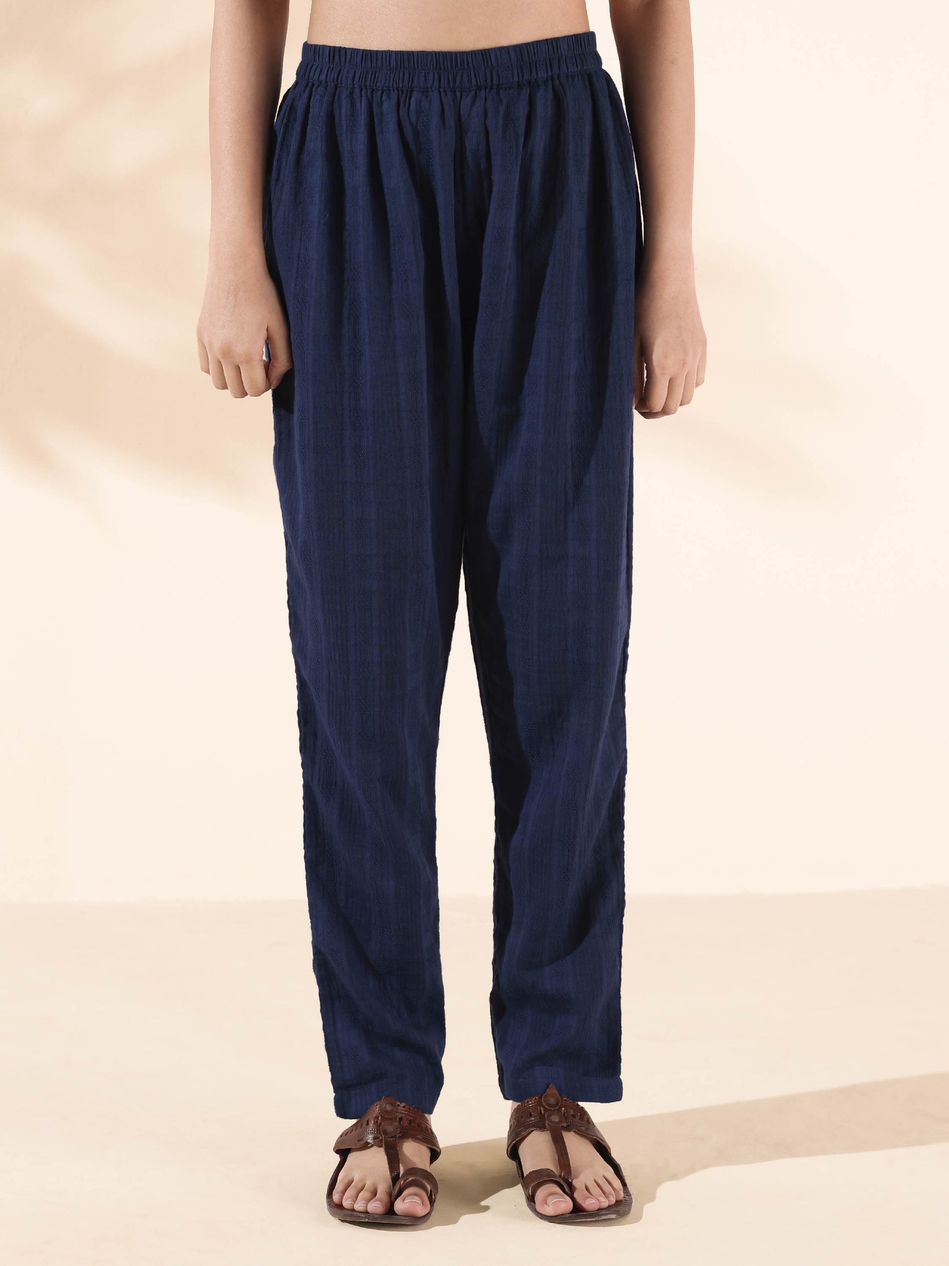 trueBrowns Blue Cotton Dobby Kurta Pant Set | Swadesiicart