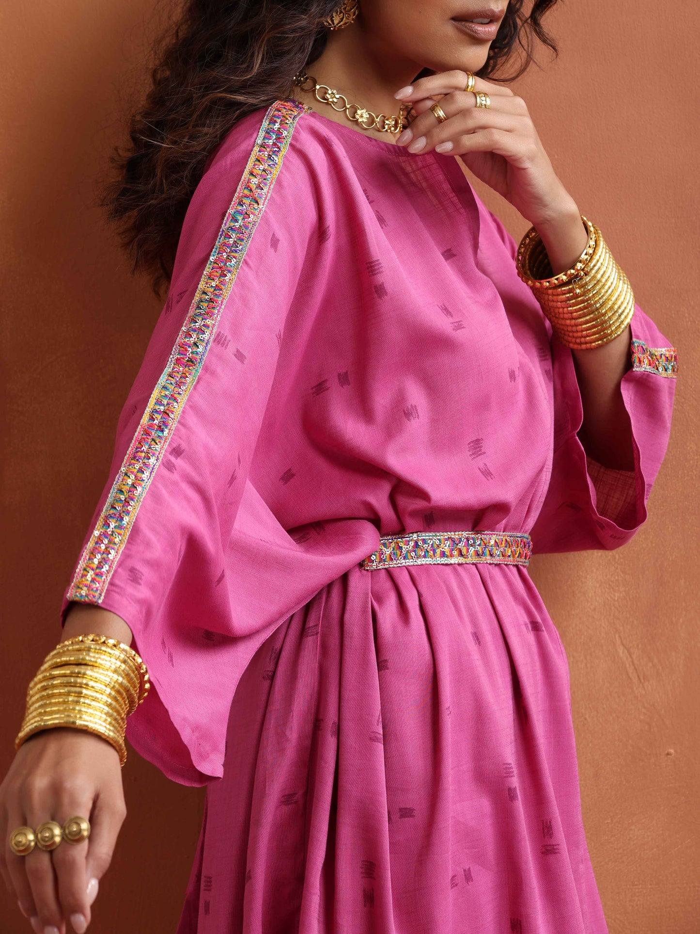 trueBrowns Pink Print Kaftan Kurta Co-ord Set - Swadesiicart