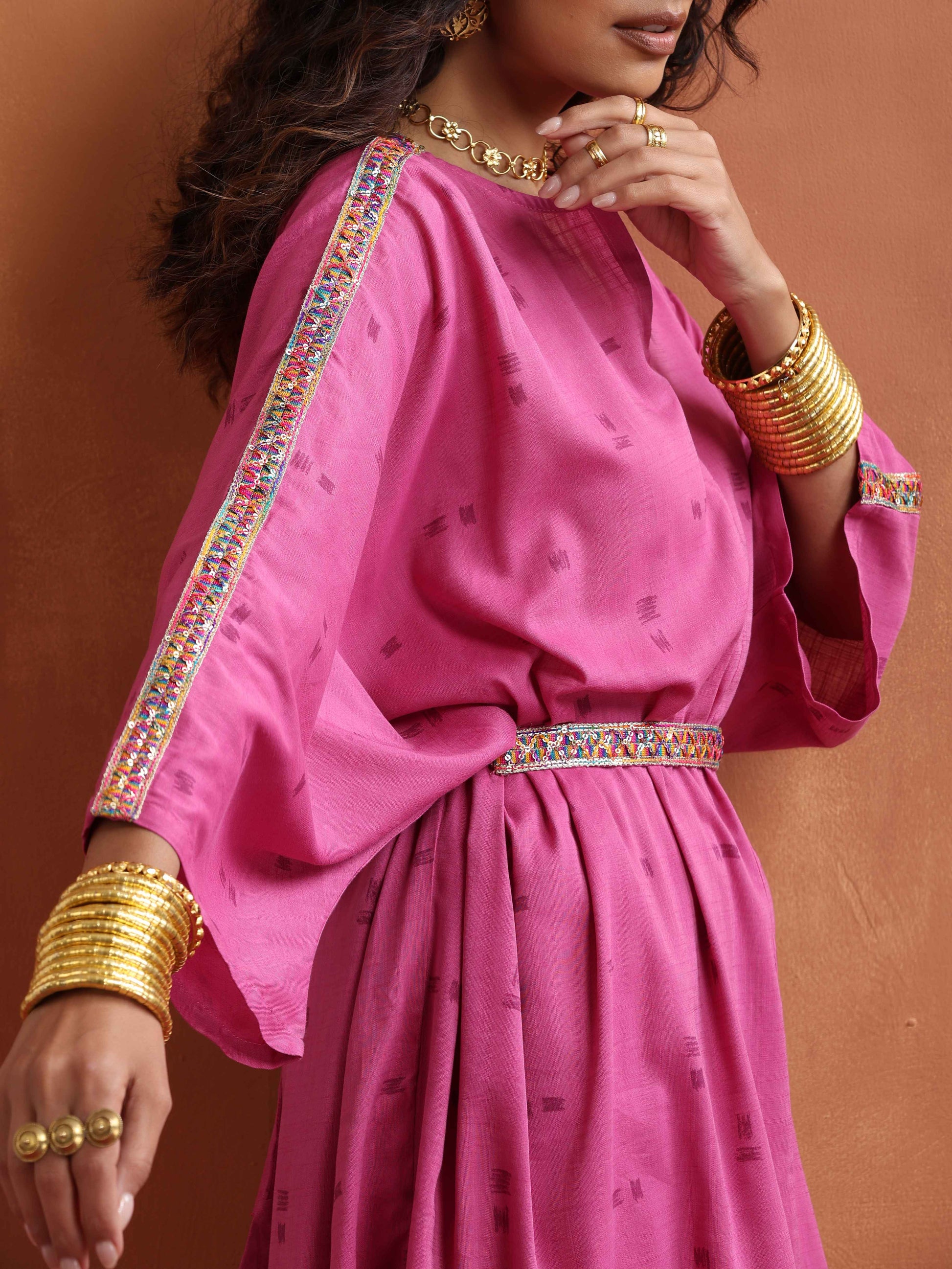 trueBrowns Pink Print Kaftan Kurta Co-ord Set - Swadesiicart