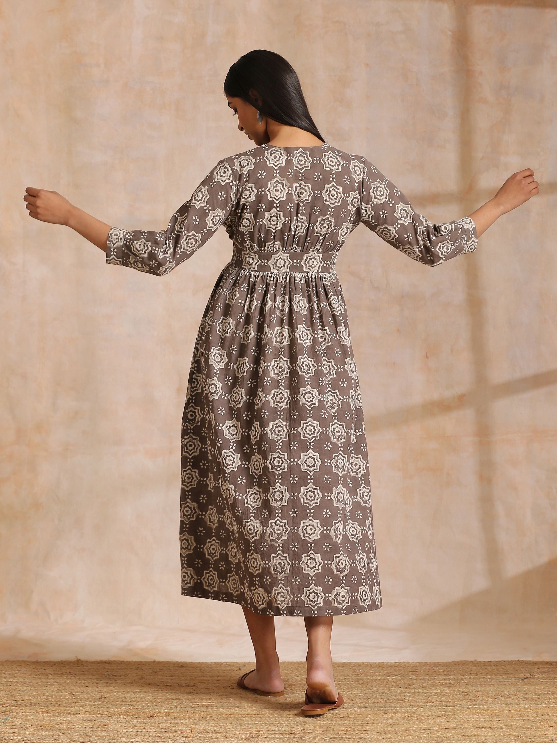 trueBrowns Clay Dabu Overall Print Cotton Wrap Dress | Relove | Swadesiicart