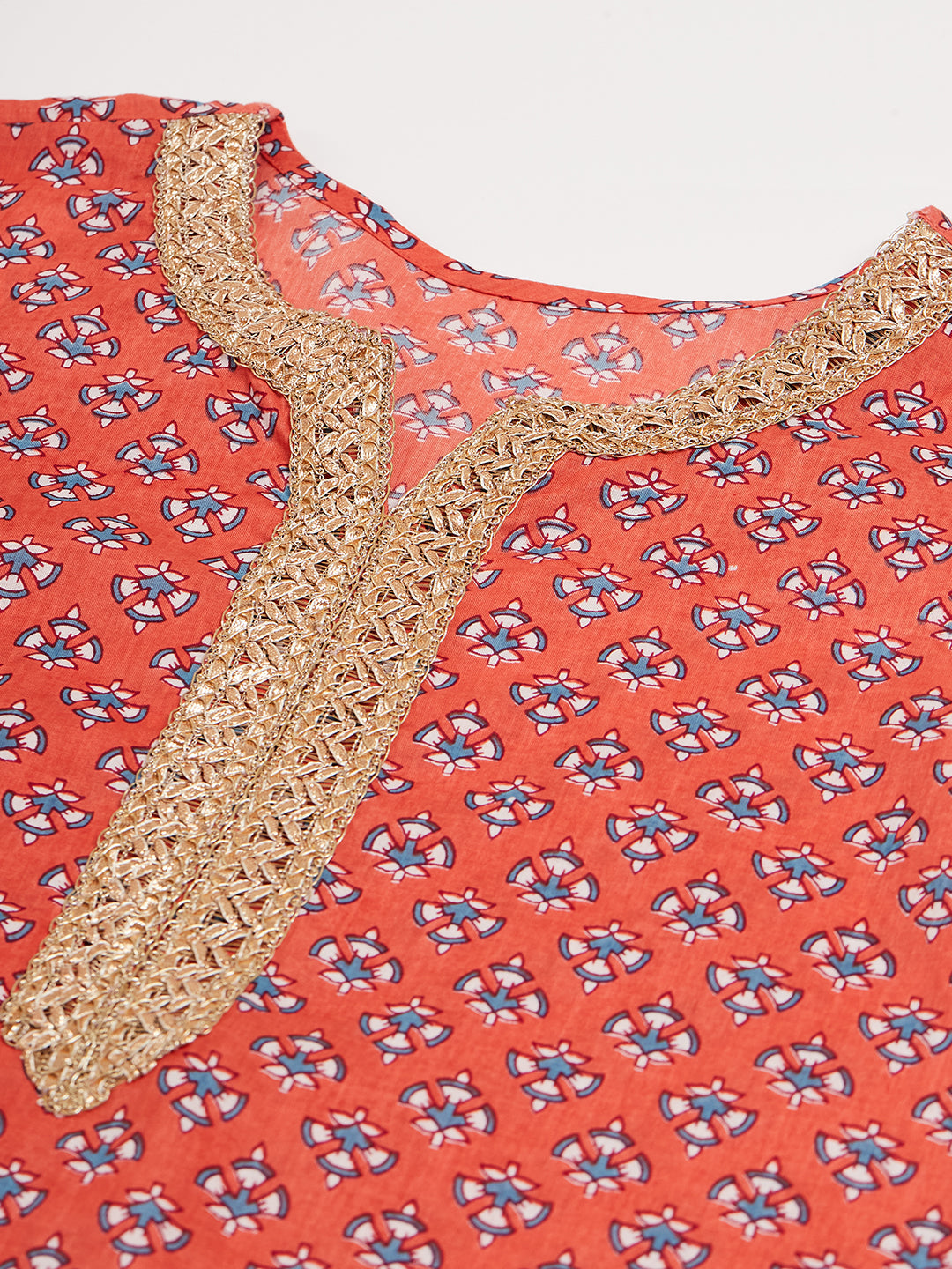 InWeave Women's Coral Blue Boota Print Gota Straight Kurta - Swadesiicart