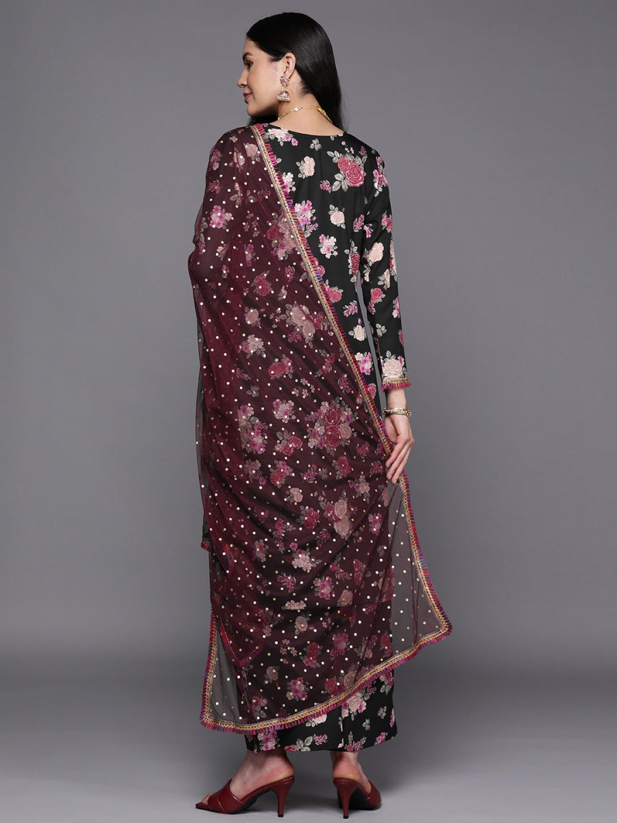 Ahalyaa Women Black Floral Printed Gotta Patti Kurta with Palazzos & With Dupatta | Swadesiicart
