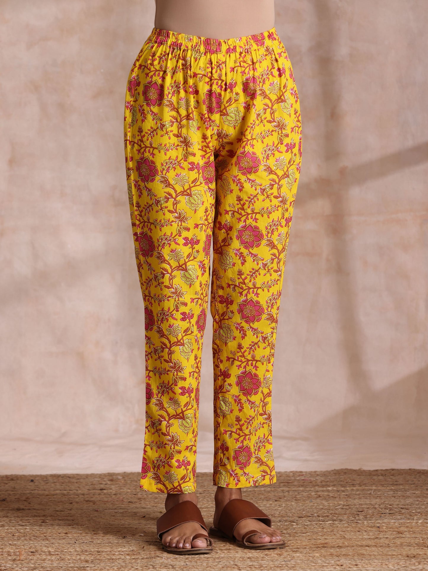 trueBrowns Sunshine Yellow Overall Floral Block Print Cotton Kurta Pant Dupatta Set | Swadesiicart