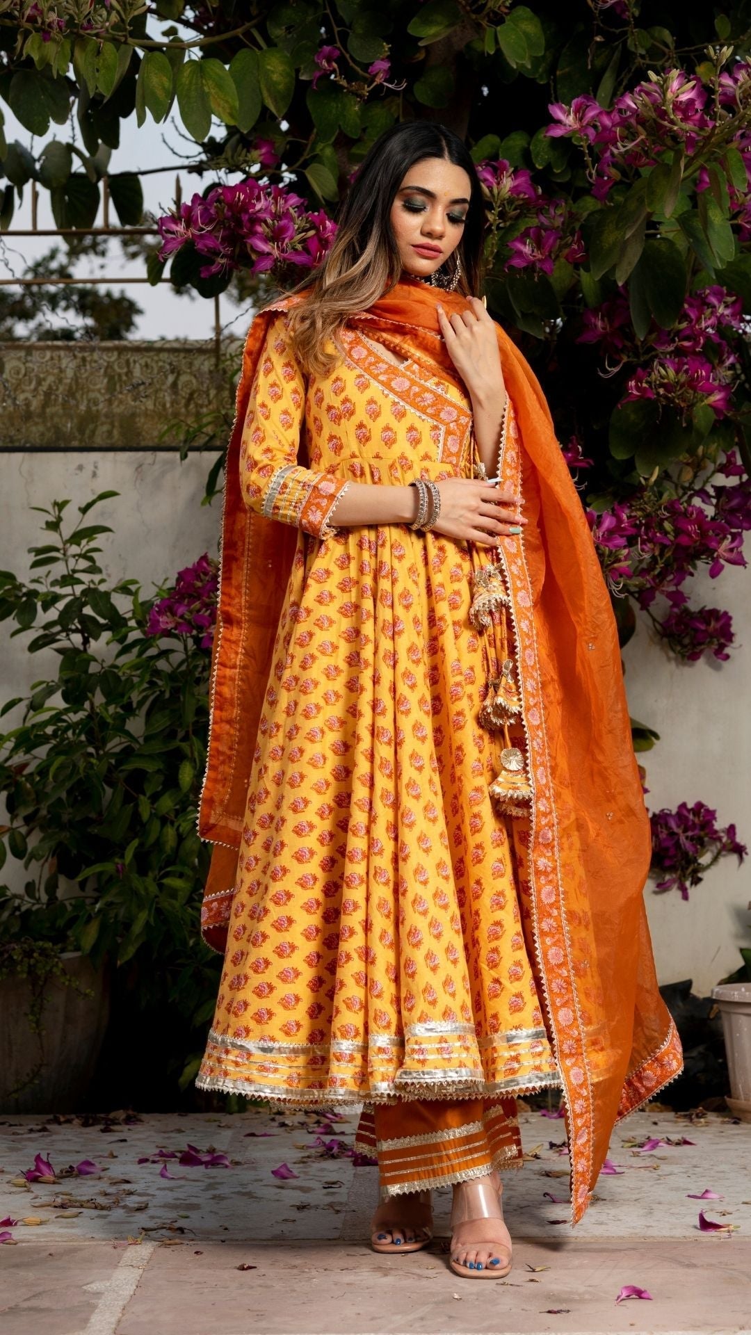 Pomcha Jaipur Mehar Light Brown Hand Block Anarkali Set | Swadesiicart