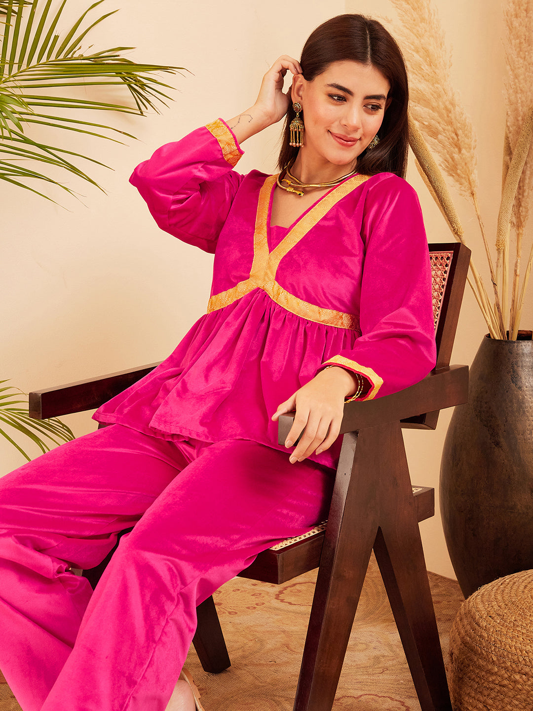 InWeave Women's Magenta Mughal Shaan Style Velvet Short Kurta Set - Swadesiicart