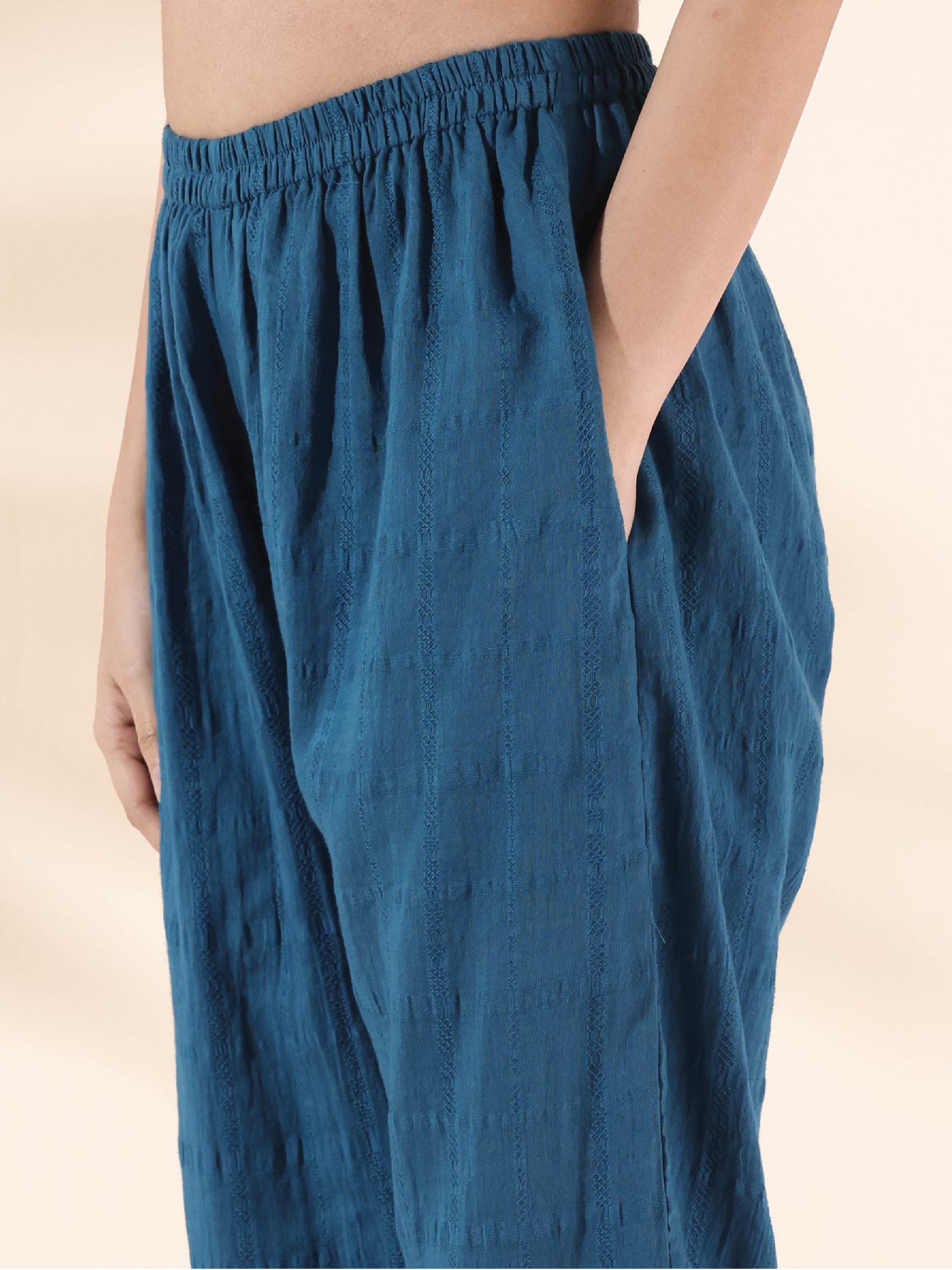 trueBrowns Blue Cotton Dobby Flared Co-ord Set - Swadesiicart