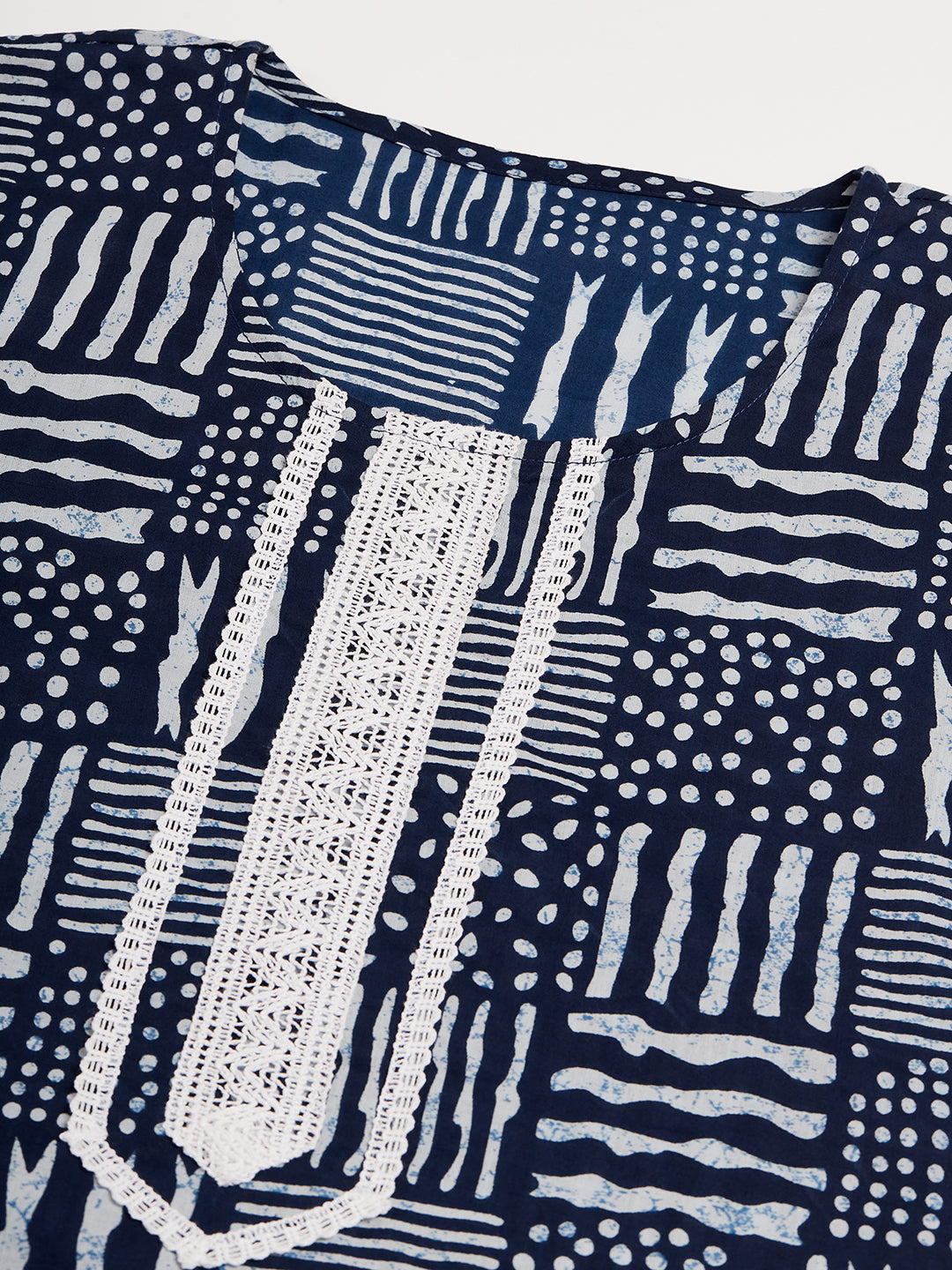 InWeave Women's Ankola Indigo With Tiles Hand Block Print Lace Straight Kurta - Swadesiicart