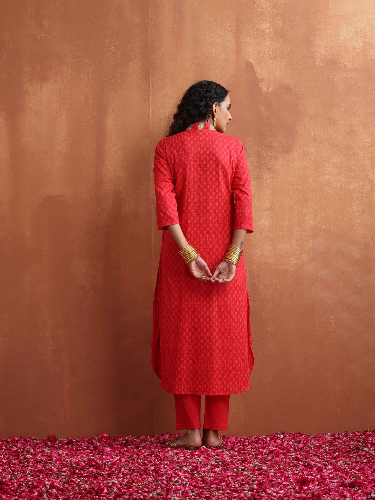trueBrowns Red Print A-line Kurta Set | Swadesiicart