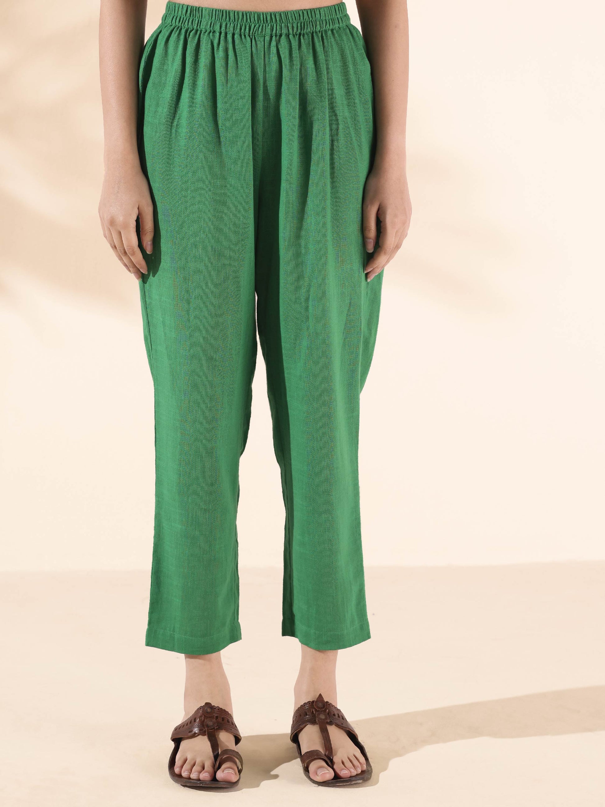 trueBrowns Green Cotton Long Kurta Pant Set | Swadesiicart