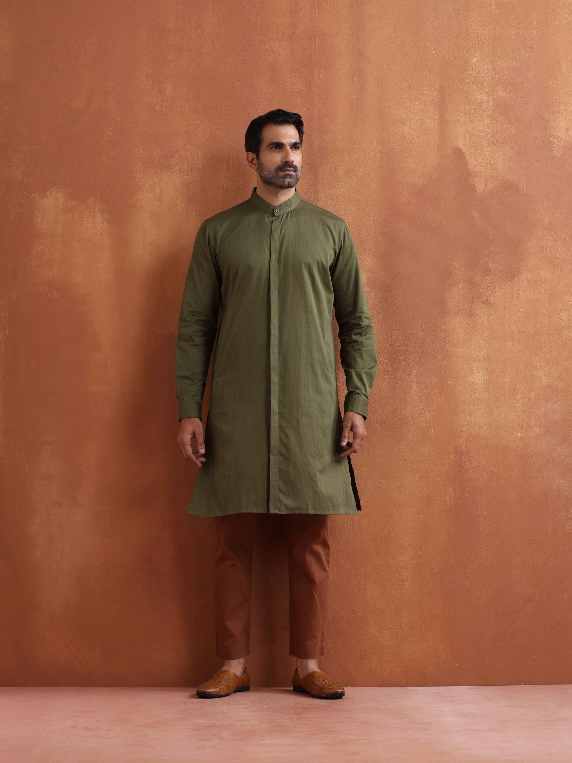 trueBrowns Men's Olive Green Cotton Front Open Kurta | Swadesiicart