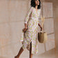 trueBrowns Pink Yellow Floral On White Block Print Cotton Wrap Dress | Relove | Swadesiicart