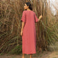 trueBrowns Coral Cotton Dobby Front Slit Dress | Swadesiicart