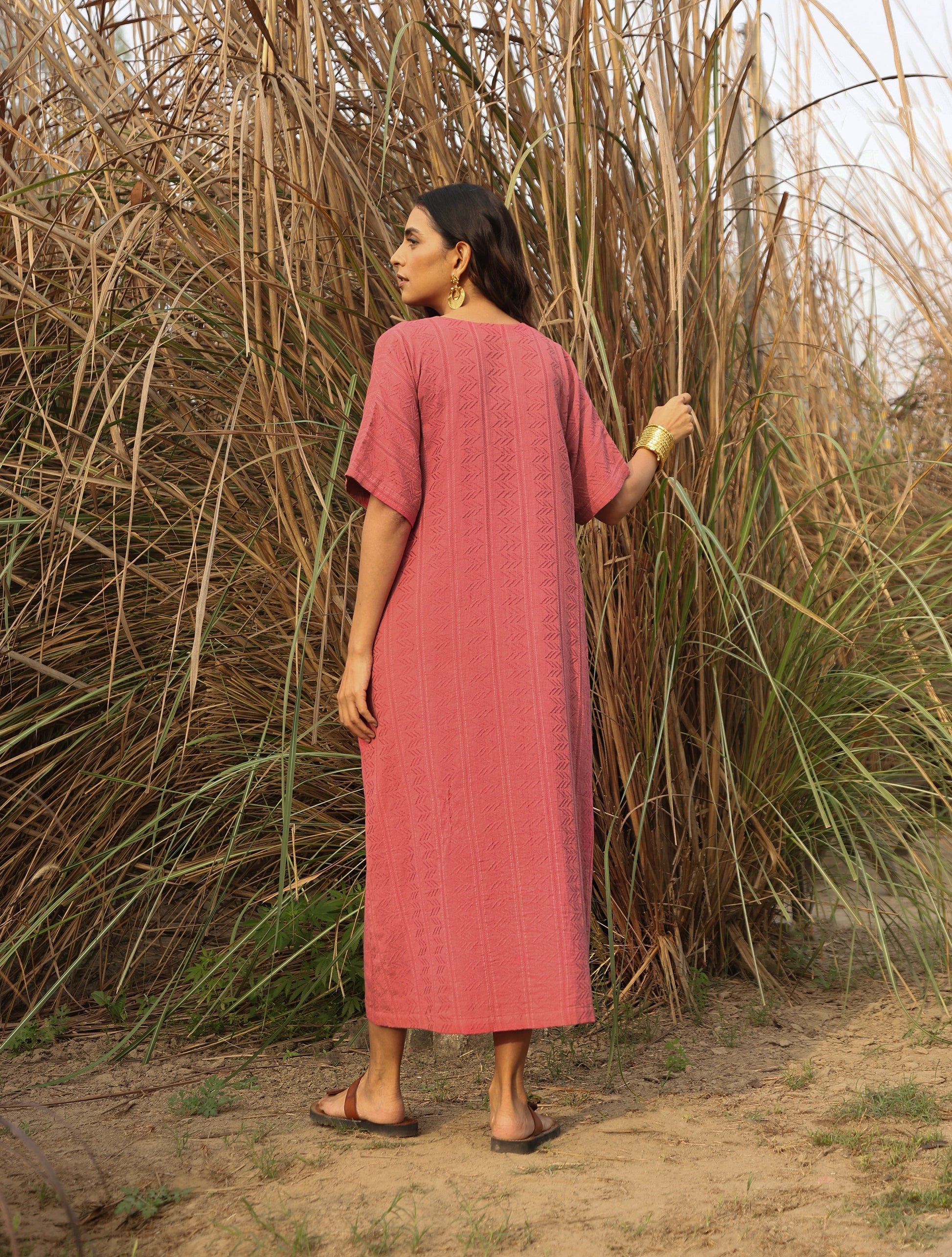 trueBrowns Coral Cotton Dobby Front Slit Dress | Swadesiicart