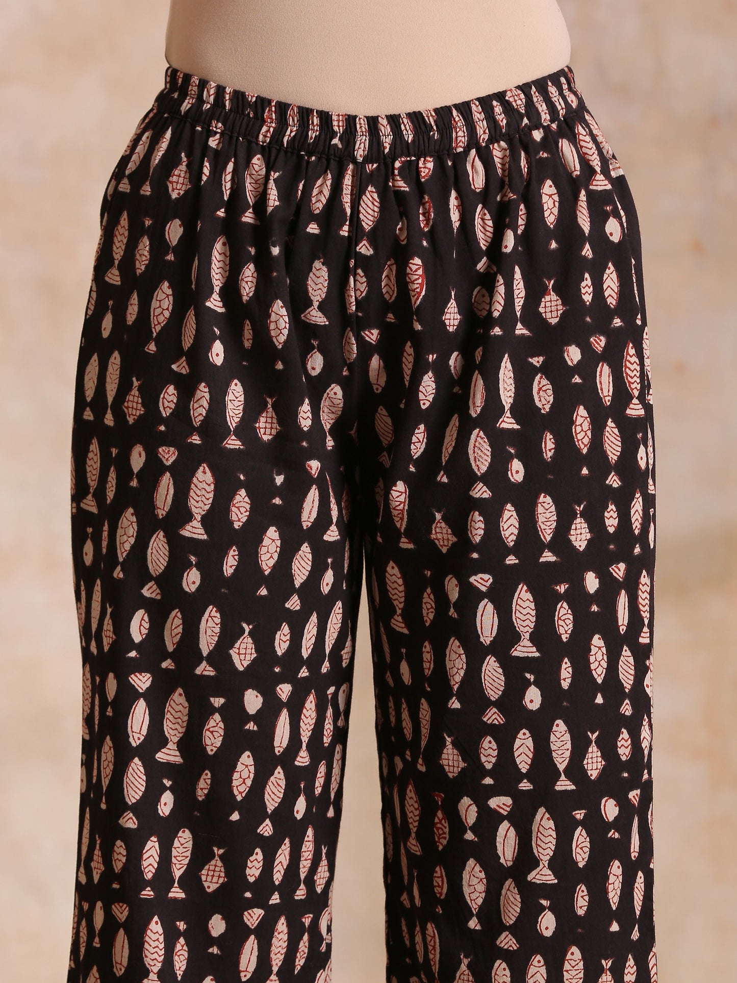 trueBrowns Black Fish Bagru Print Cotton Angrakha Pant Set | Swadesiicart