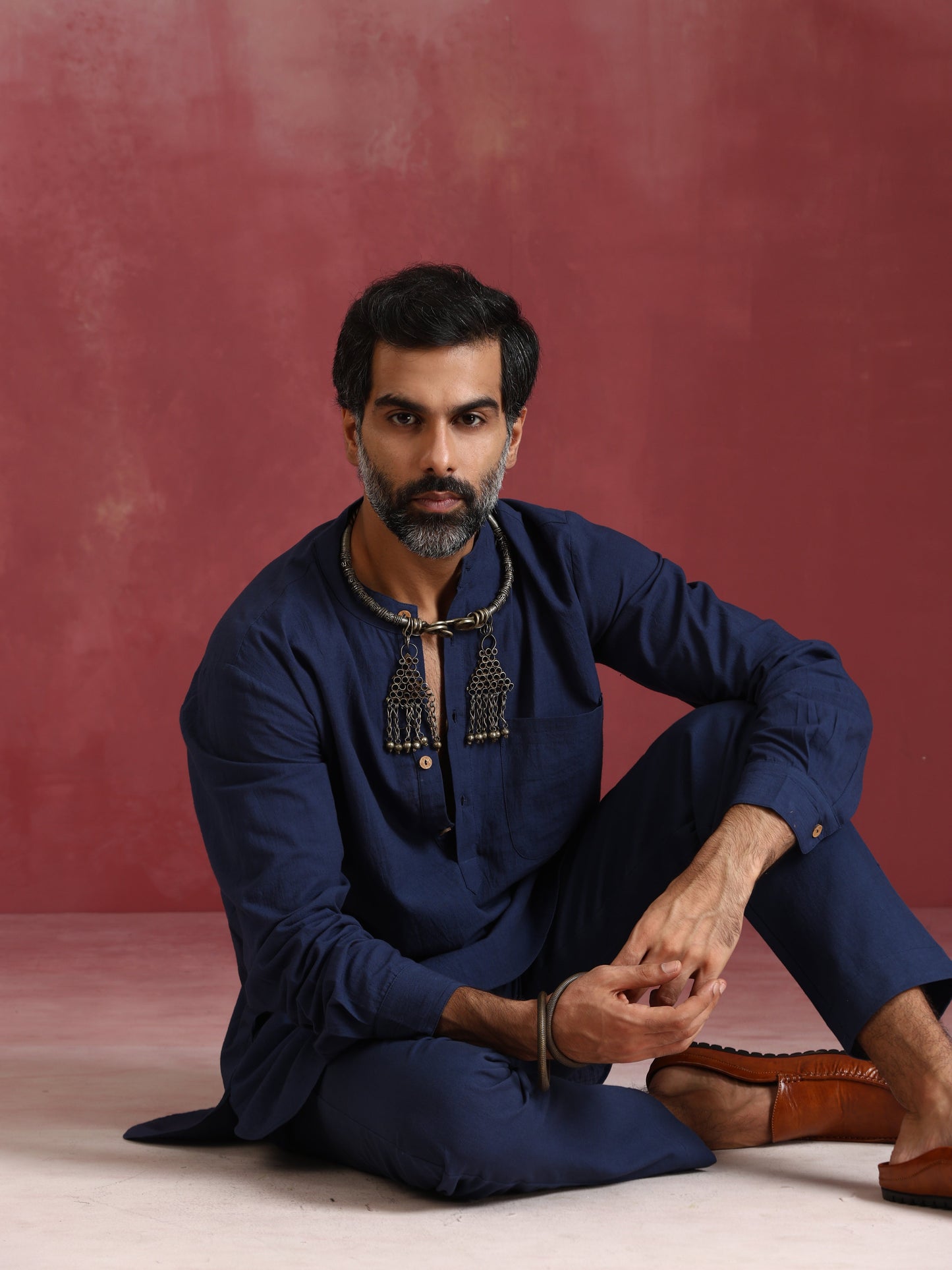 trueBrowns Men's Navy Cotton Mandarin Collar Kurta Co-ord set - Swadesiicart