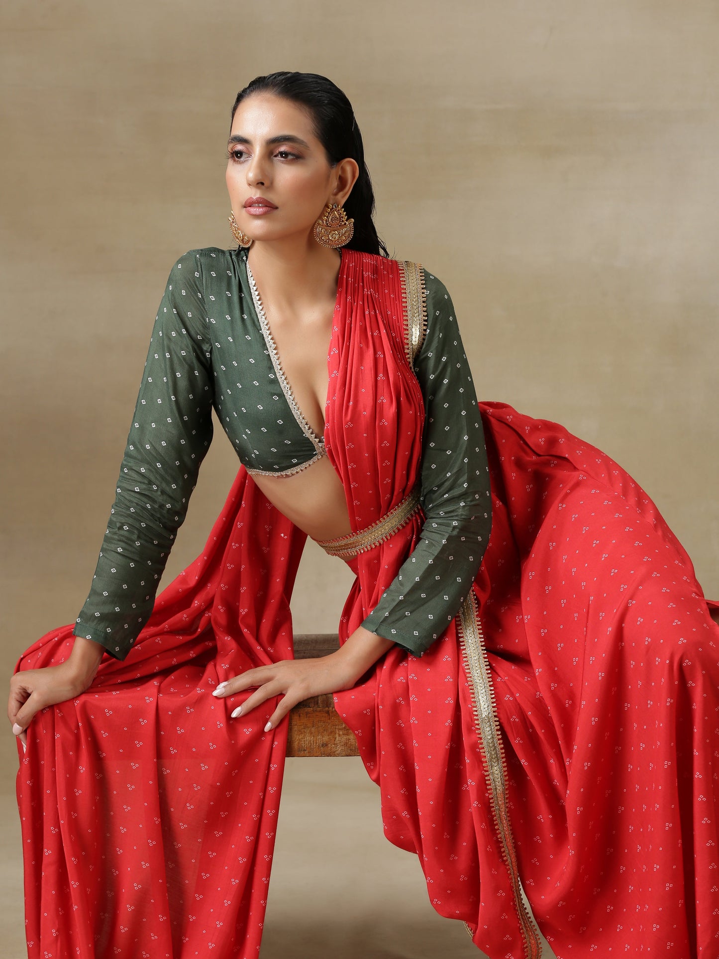 trueBrowns Red Bandhani Printed Silk Skirt Stitched Saree with Belt | Swadesiicart