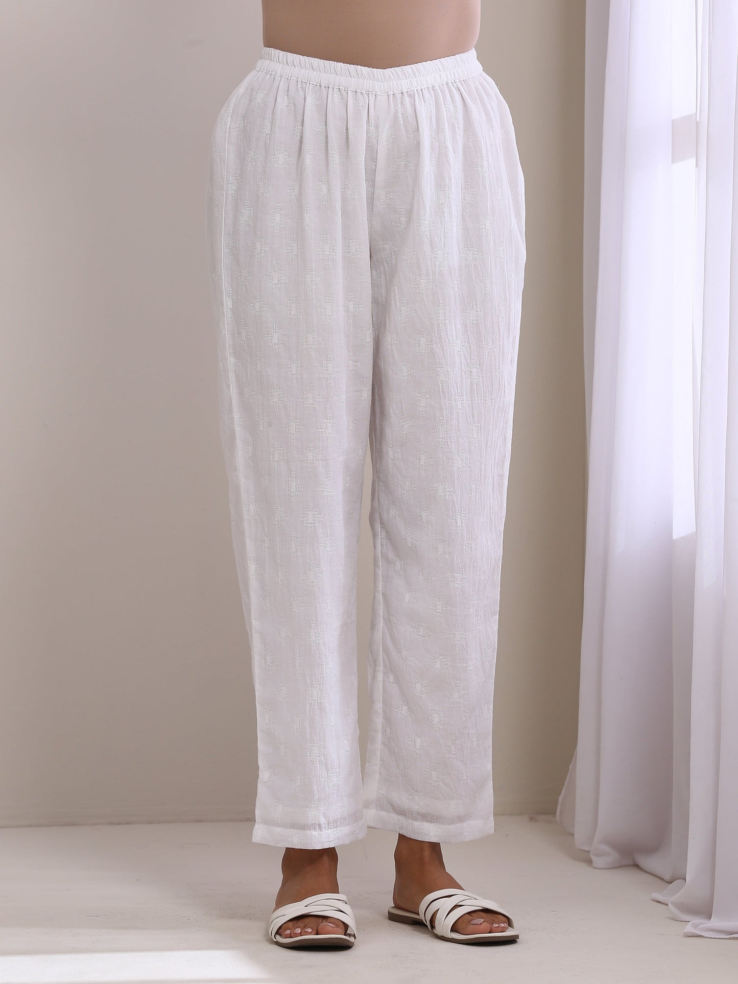 trueBrowns White Dobby Front Placket Co-Ord Set - Swadesiicart