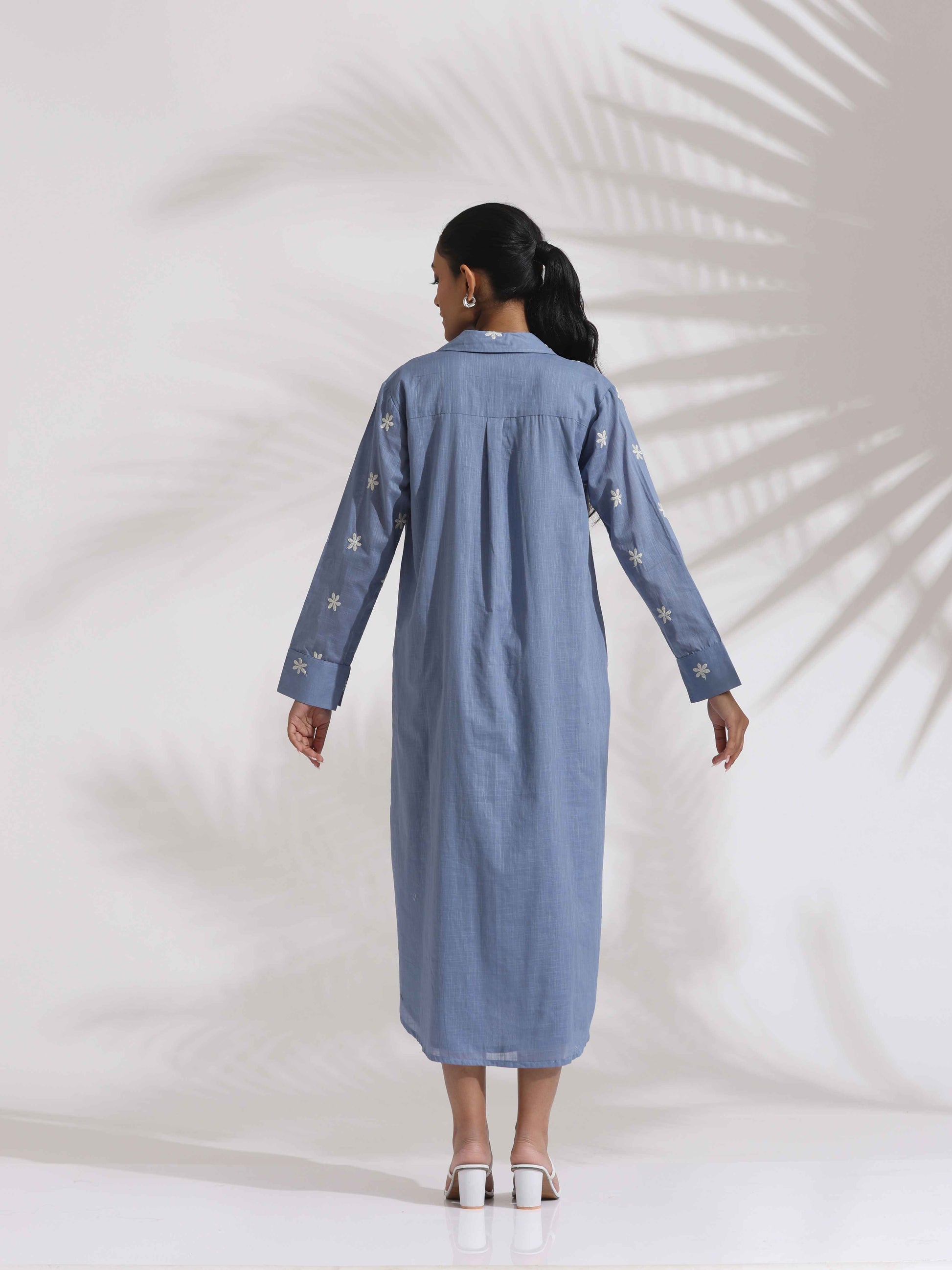 trueBrowns Blue Cotton Floral Embroidered Dress | Swadesiicart
