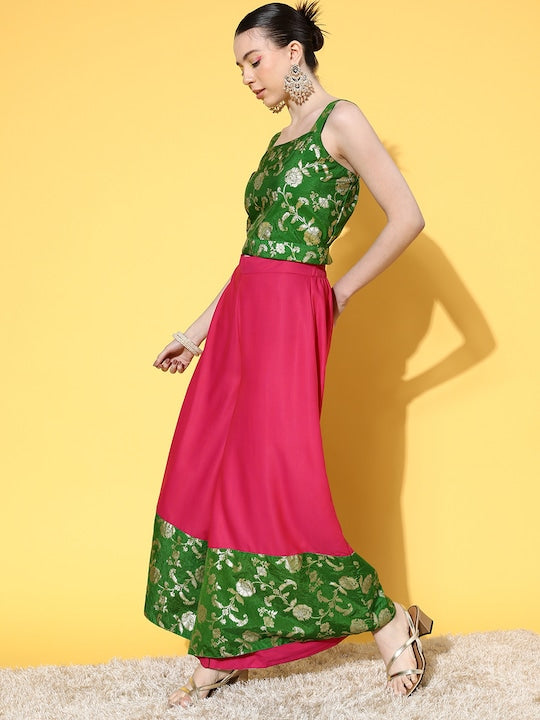 InWeave Women's Green Brocade Strappy Top W Fuchsia Green Brocade Palazzo Set - Swadesiicart