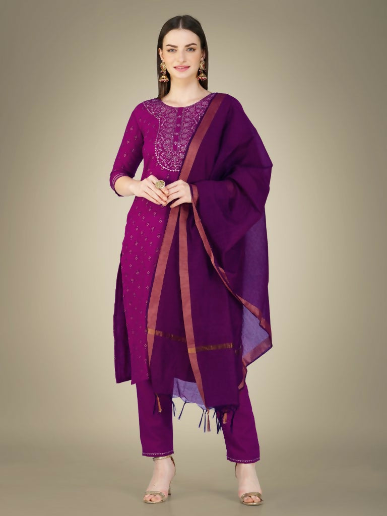 Jyoti Fashion Women's Purple Cotton Magic Slub Embroidery & Sequence work Kurta with Trouser & Dupatta | Swadesiicart