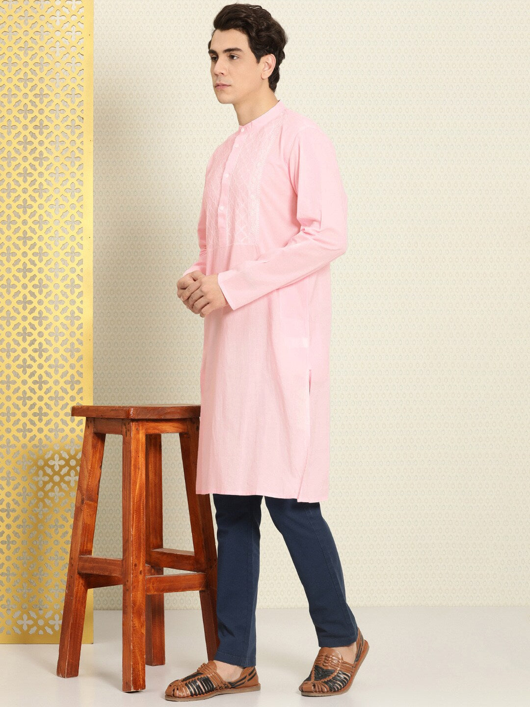House of Pataudi Men Chikankari Yoke Design Pastels Pure Cotton Rozana Kurta | Swadesiicart
