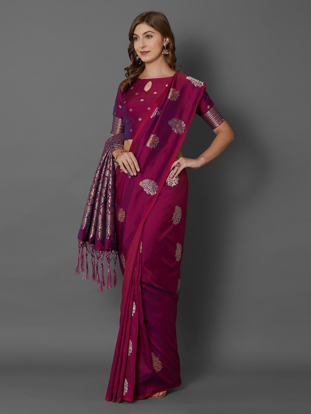 Mitera Magenta Silk Blend Woven Design Banarasi Saree | Swadesiicart
