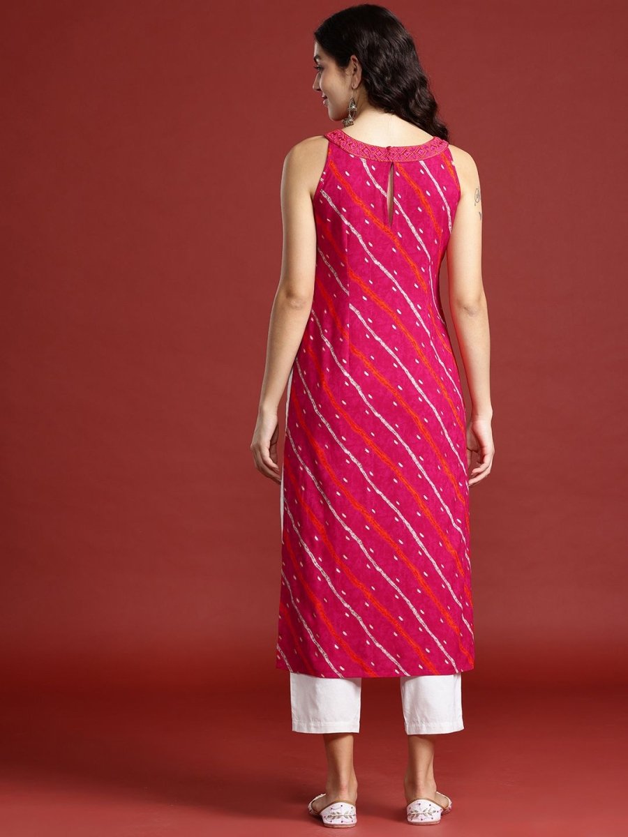 Anouk Leheriya Printed Halter Neck Thread Work Kurta - Swadesiicart