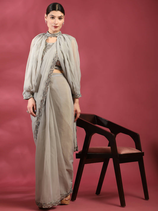 Grey Fancy Pure Fabric Plain Ready to wear Saree with stitched Blouse - Vrinda | Swadesiicart