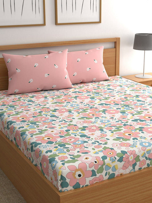 CHHAVI INDIA White & Pink Floral Ultra Soft 210 TC King Bedsheet with 2 Pillow Covers - Swadesiicart