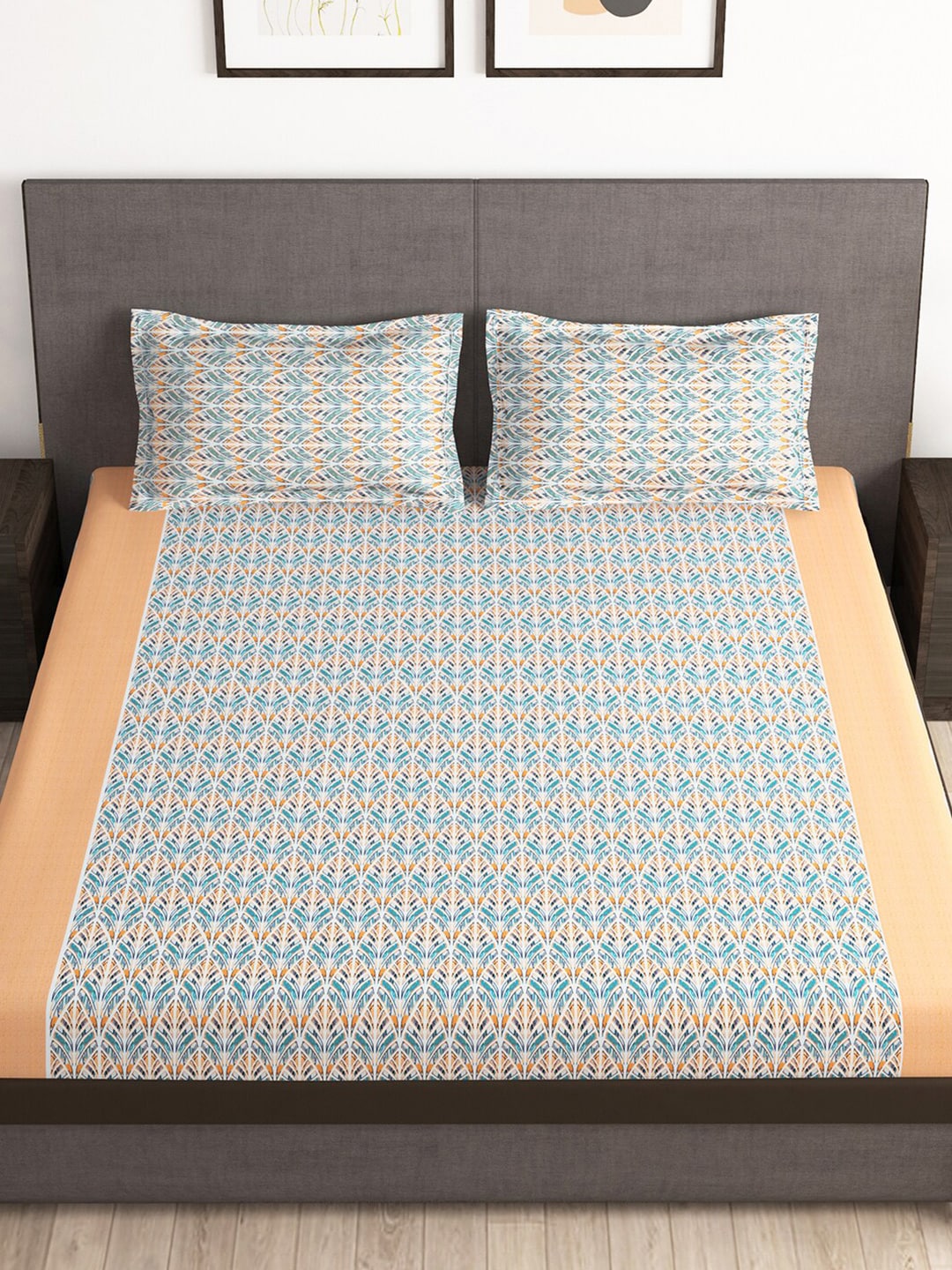 Story@home Tango Blue & White Printed 240 TC King Bedsheet with 2 Pillow Covers - Swadesiicart