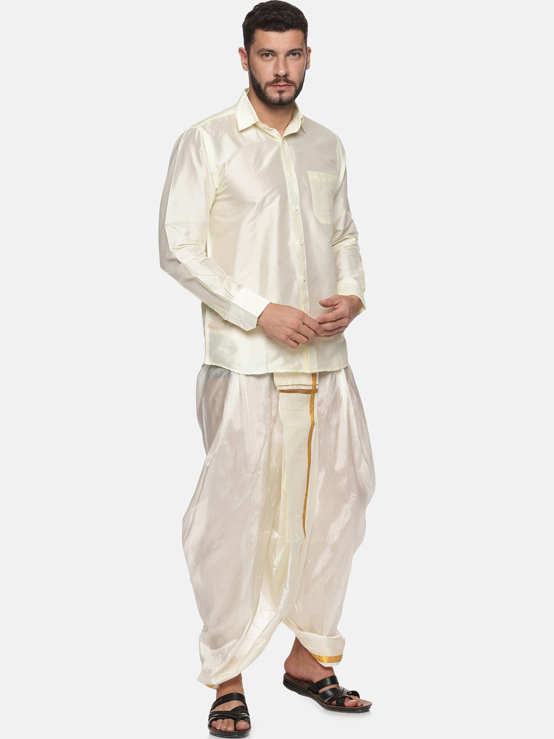 Sethukrishna Men Cream-Coloured & Golden Solid Silk Dhoti | Swadesiicart