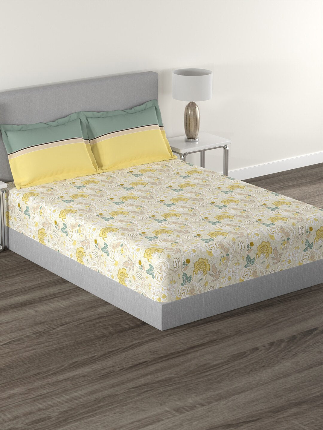 MYTRIDENT Yellow White Floral Cotton 144 TC Queen Bedsheet With 2 Pillow Covers - Swadesiicart