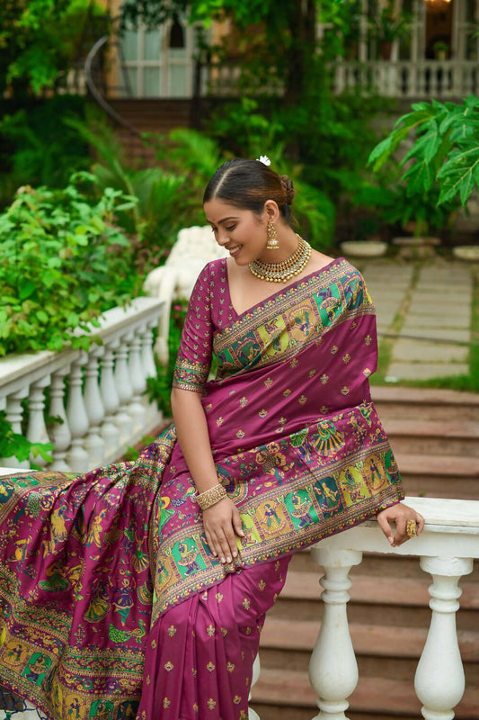 Vishnu Weaves Women's Wine Banarasi Silk Kashmiri Woven Saree with Blouse - Swadesiicart