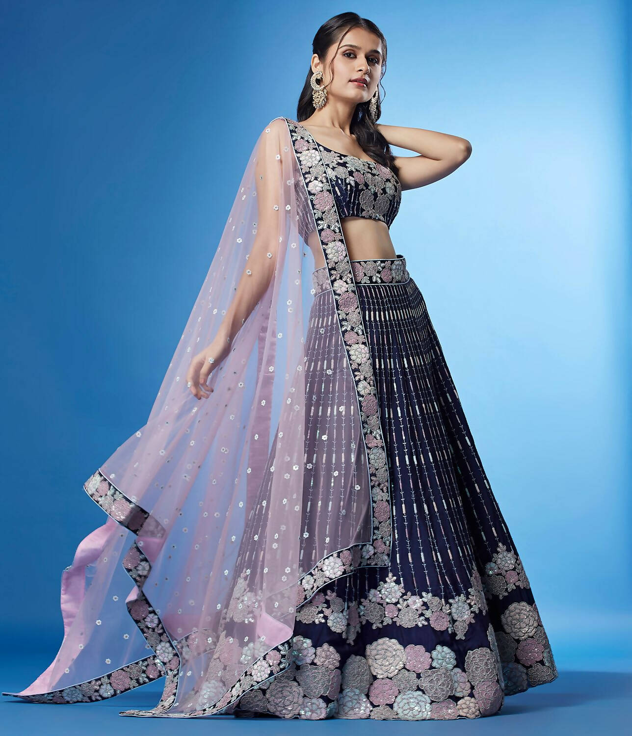 House of Panchhi Navy Blue Color Georgette Multi-Sequins Work Lehenga | Swadesiicart