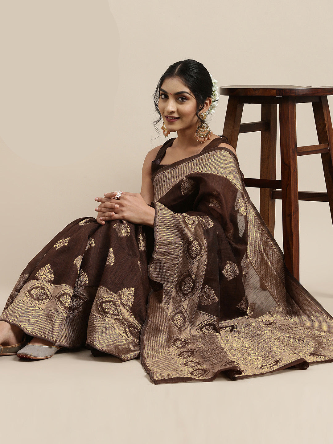 Saree Mall Brown Ethnic Motifs Linen Blend Banarasi Saree | Swadesiicart