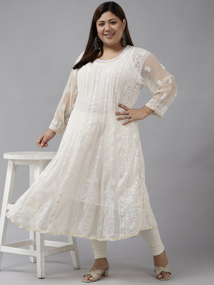 ADA Women Beige Ethnic Motifs Plus Size Chikankari Georgette Anarkali Kurta | Swadesiicart