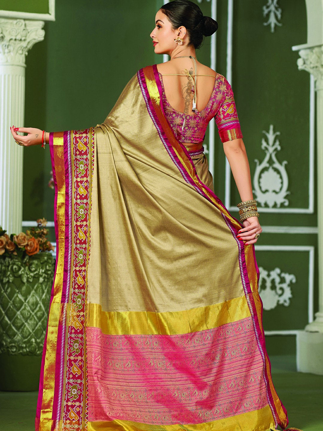 Mitera Beige & Pink Zari Pure Silk Banarasi Saree | Swadesiicart
