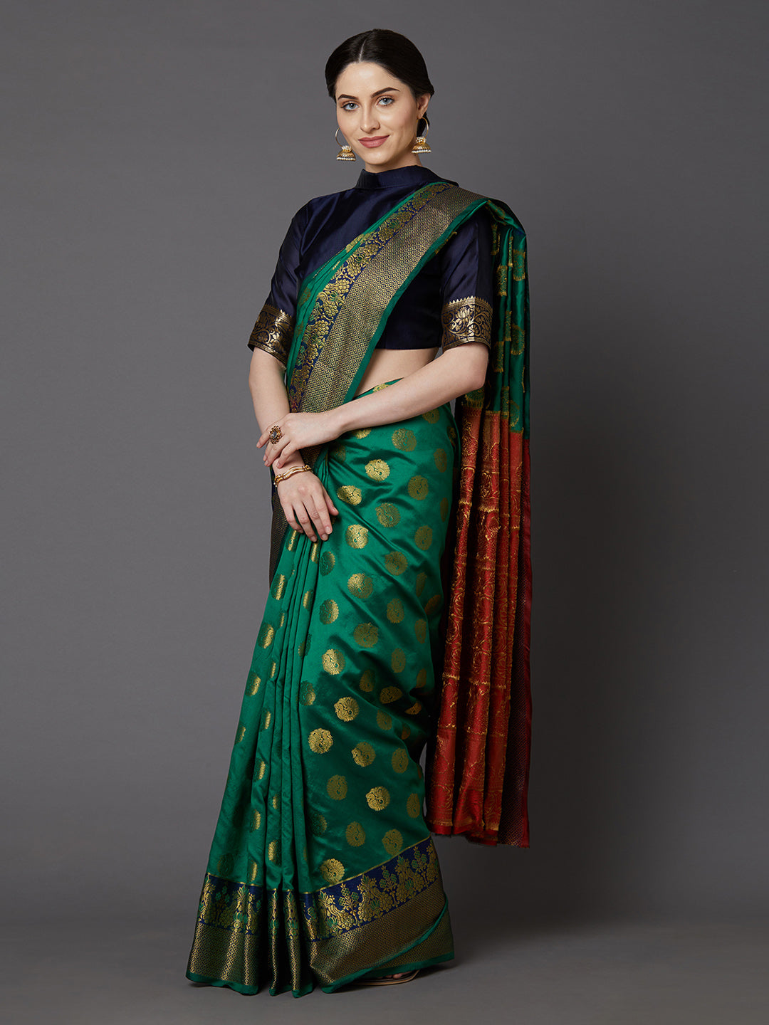 Mitera Green & Gold-Toned Silk Blend Woven Design Banarasi Saree | Swadesiicart
