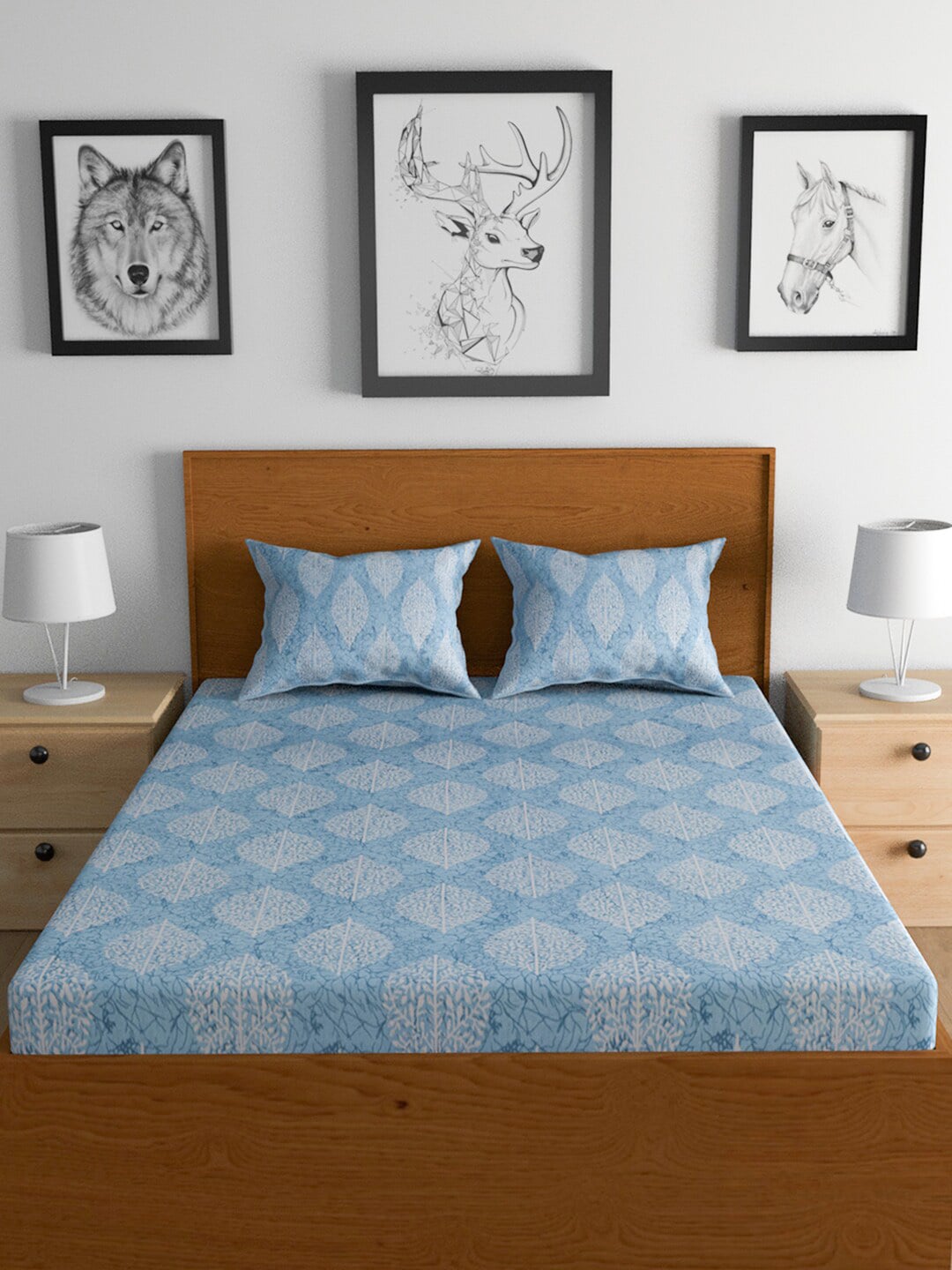 Urban Magic Blue Ethnic Motifs Printed Cotton 104 TC Queen Bedsheet With 2 Pillow Covers - Swadesiicart
