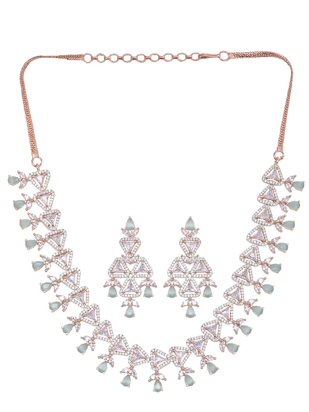 Saraf RS Jewellery Rose Gold-Polished White & Sea Green AD-Studded Handcrafted Jewellery Set - Swadesiicart