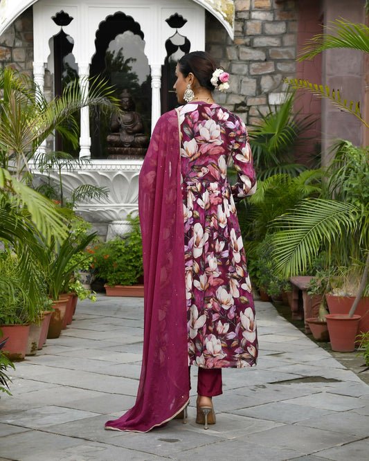 Vaasva Women's Chinon Emboidered Angrakha Anarkali Set With Solid Pant & Solid Embroidered Dupatta | Swadesiicart