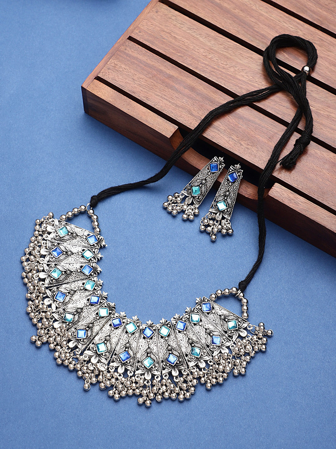 Cardinal Oxidised Silver-Toned & Blue Stones-Studded & Beaded Jewellery Set - Swadesiicart