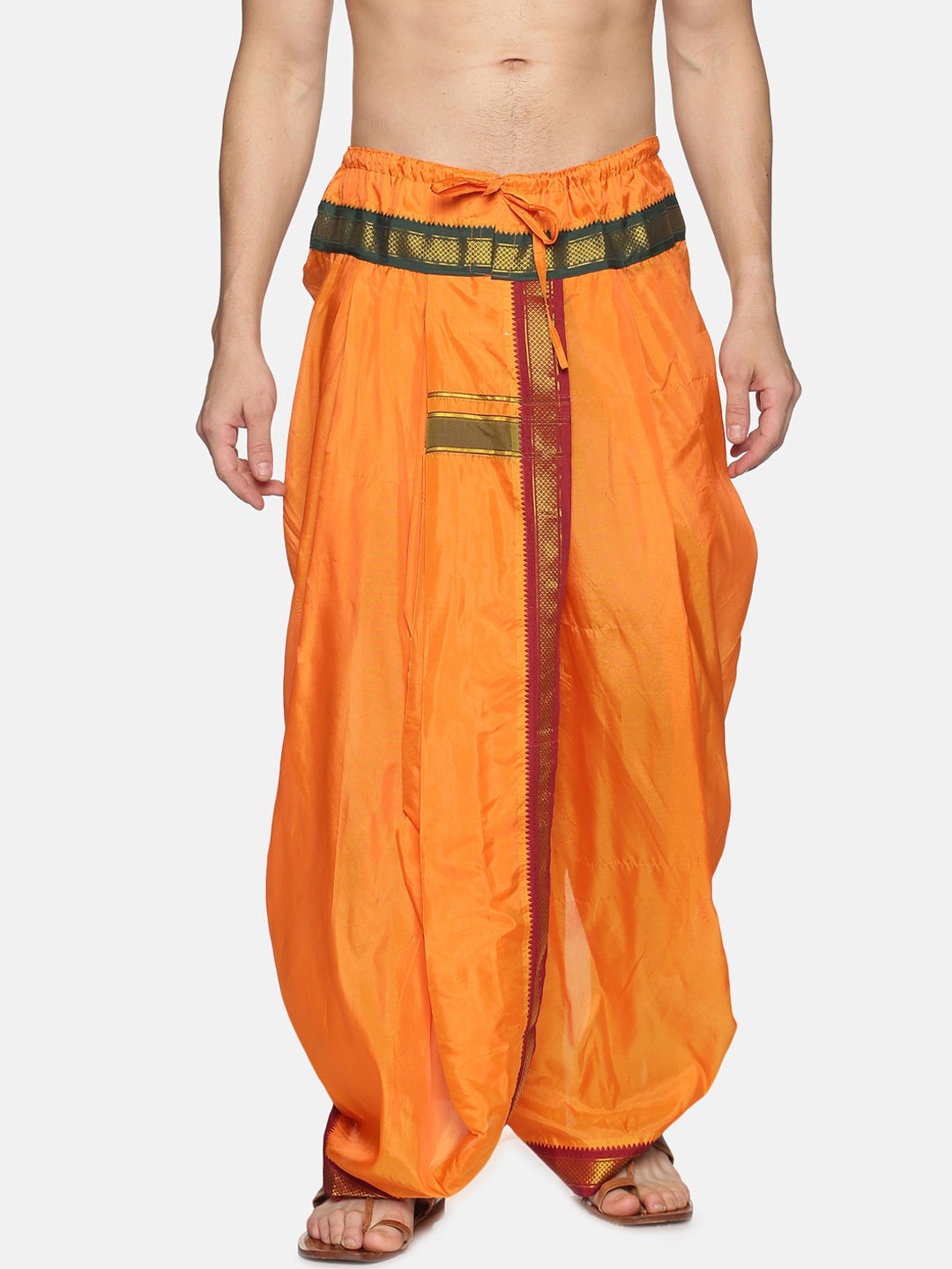 Sethukrishna Men Orange & Green Solid Readymade Dhoti Pant | Swadesiicart