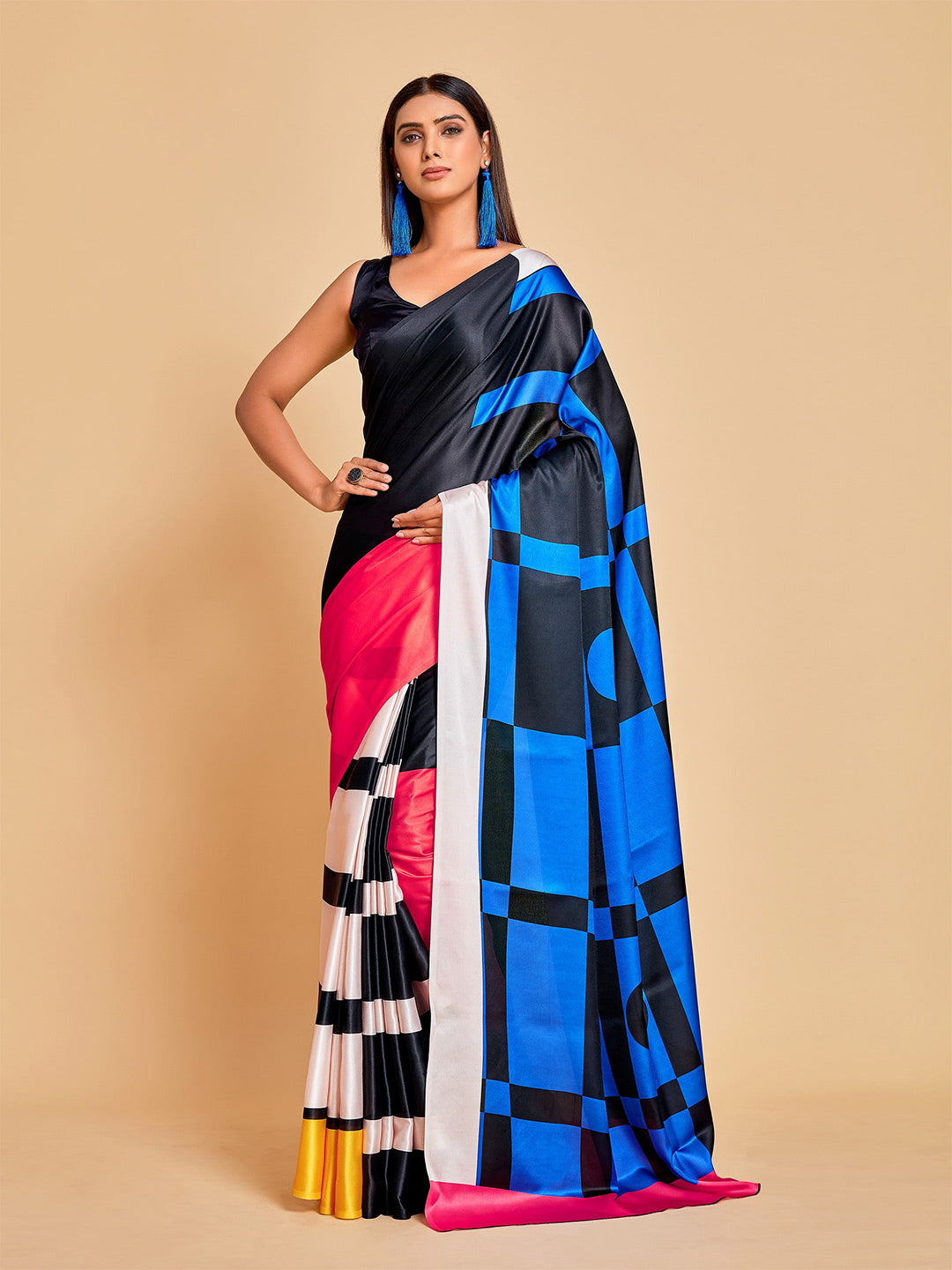 Sangria Blue & Black Striped Satin Ready to Wear Saree | Swadesiicart